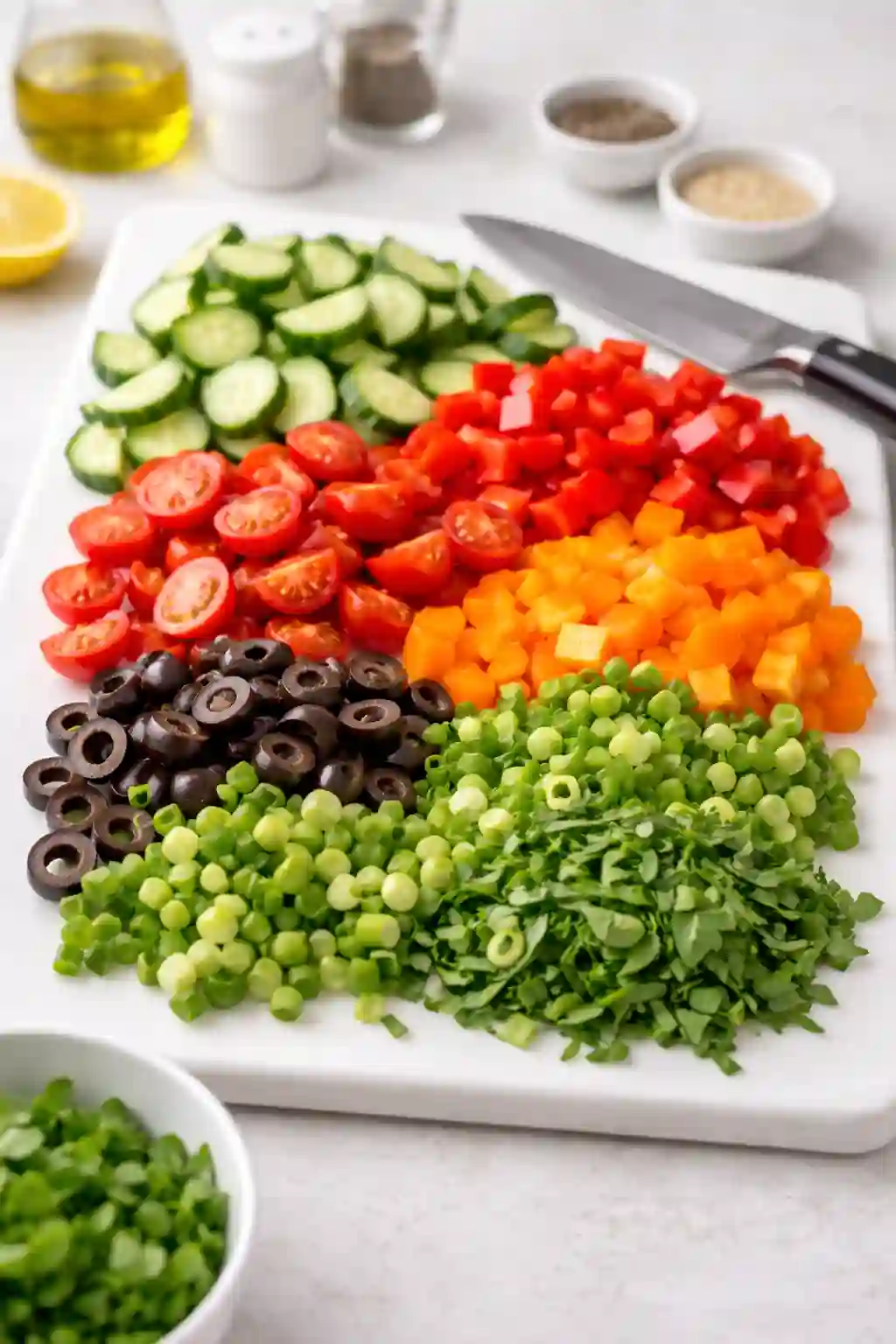 Chopping fresh vegetables for pasta salad with cucumbers and tomatoes
