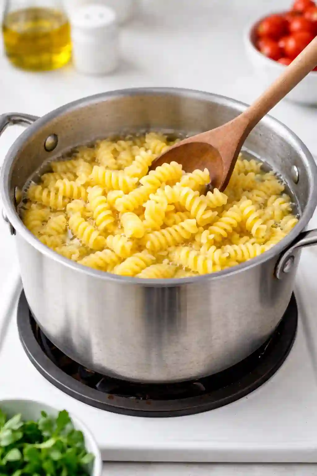 Rotini pasta cooking in a pot for pasta salad