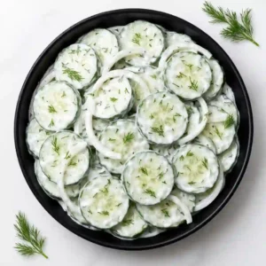 Top view creamy cucumber salad with mayo in a black bowl on a white table