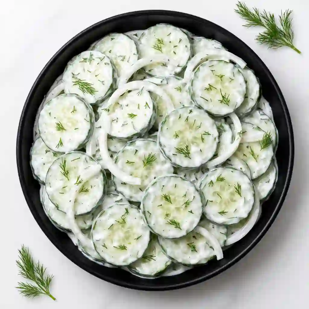 Top view creamy cucumber salad with mayo in a black bowl on a white table