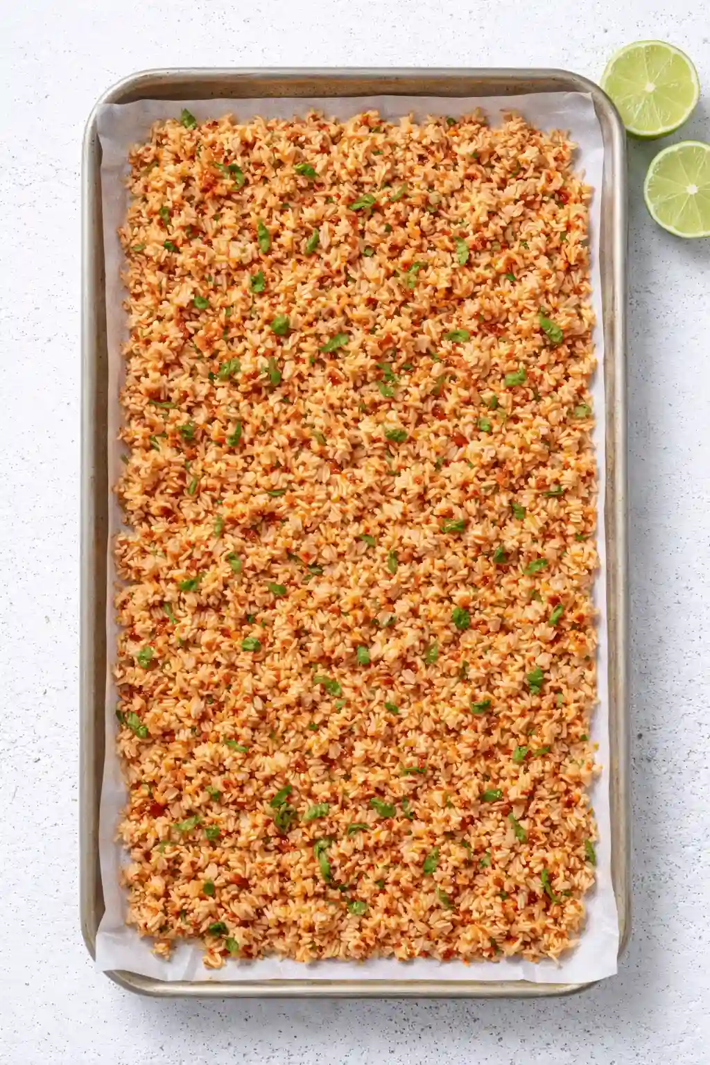 seasoned rice spread on baking sheet before baking for crispy rice salad
