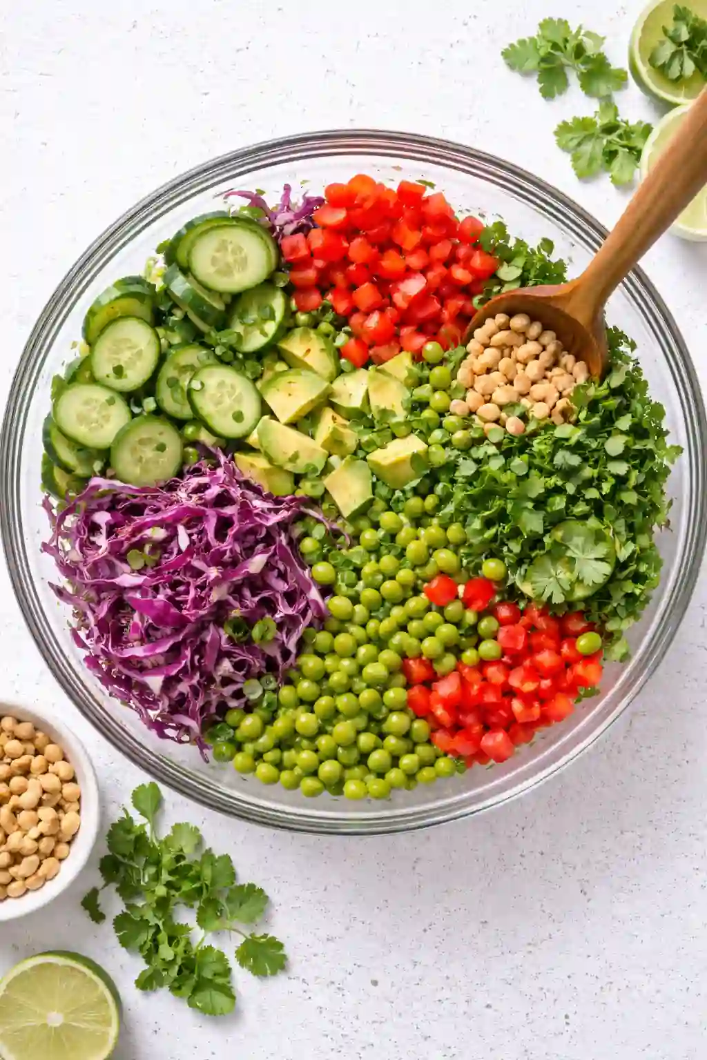 mixing fresh vegetables and herbs in a bowl for crispy rice salad