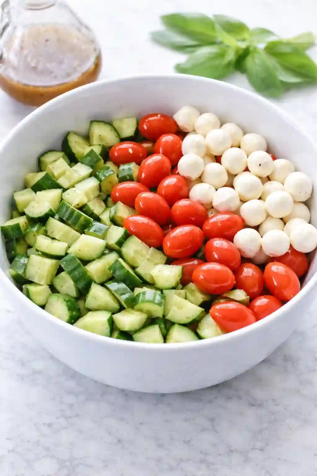 cucumber-caprese-salad-step-2-vertical._compressed (1) Cucumber tomato and mozzarella in a modern bowl for cucumber caprese salad