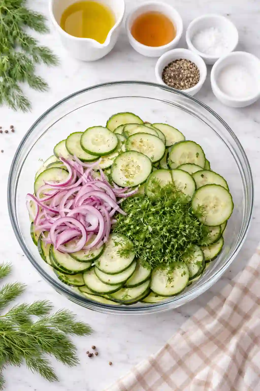 combine sliced cucumbers red onion and fresh dill in bowl