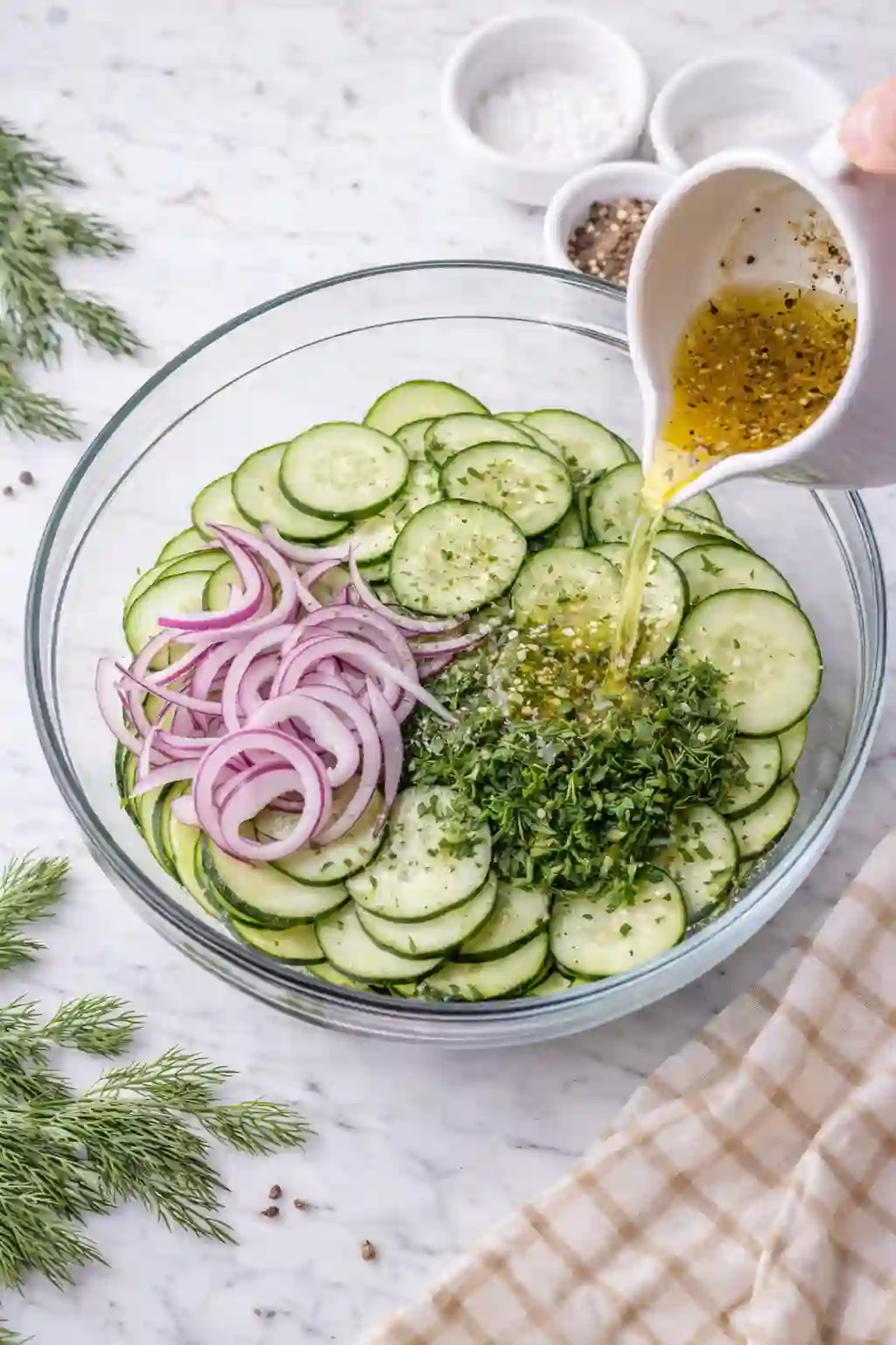 pour vinegar dressing over cucumber slices and red onion in bowl