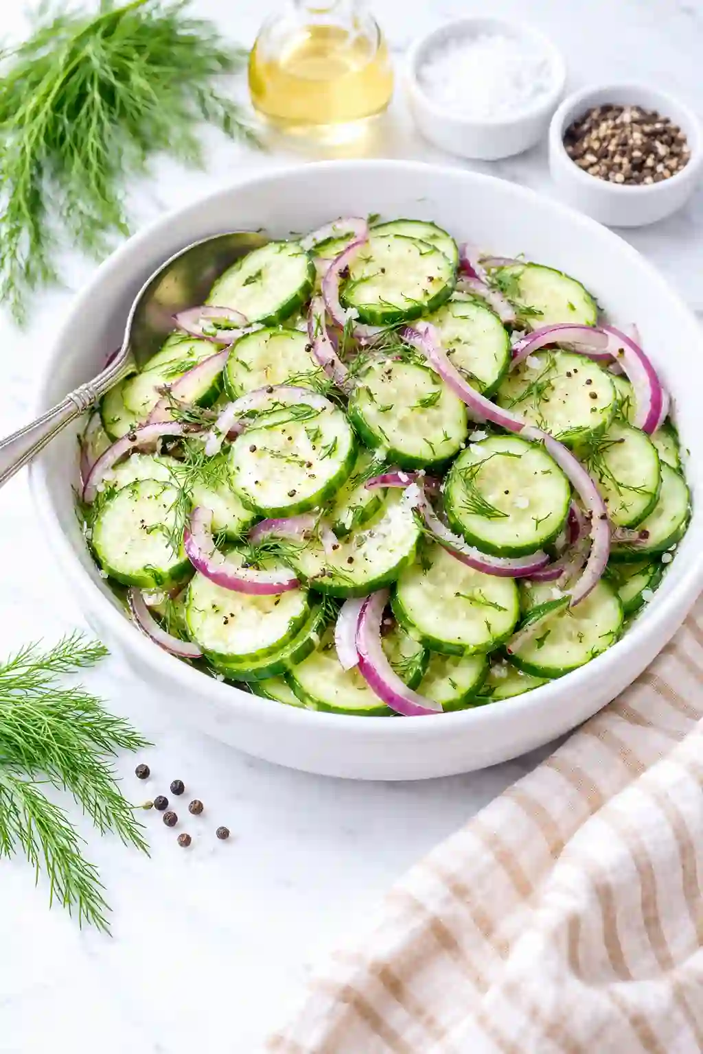 finished cucumber vinegar salad in bowl ready to serve