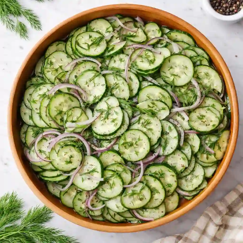 top view cucumber vinegar salad in bowl with red onion and dill