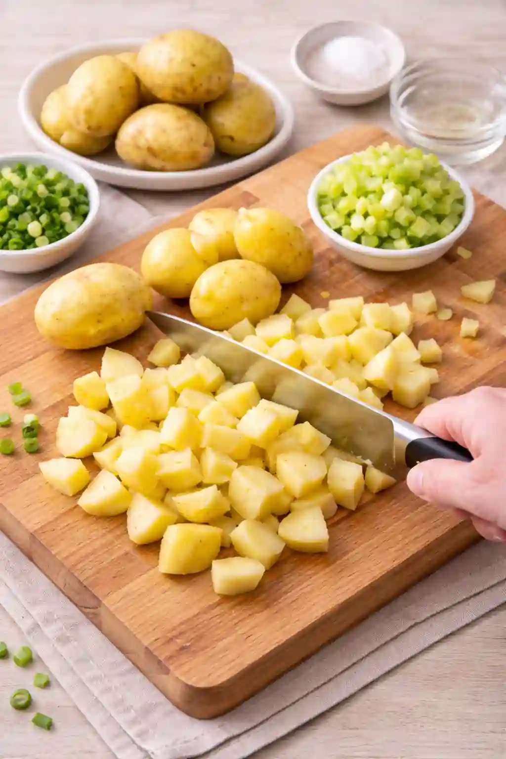 cutting-potatoes-for-potato-salad._compressed Cutting boiled Yukon Gold potatoes into cubes on a wooden board for potato salad with egg.