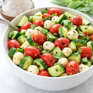 Easy 10-Minute Cucumber Caprese Salad (The Best Summer Side) 1 Easy cucumber caprese salad with mozzarella pearls, cherry tomatoes, and basil in a modern white bowl