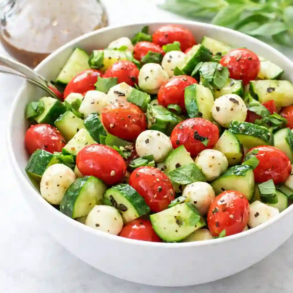 Easy cucumber caprese salad with mozzarella pearls, cherry tomatoes, and basil in a modern white bowl