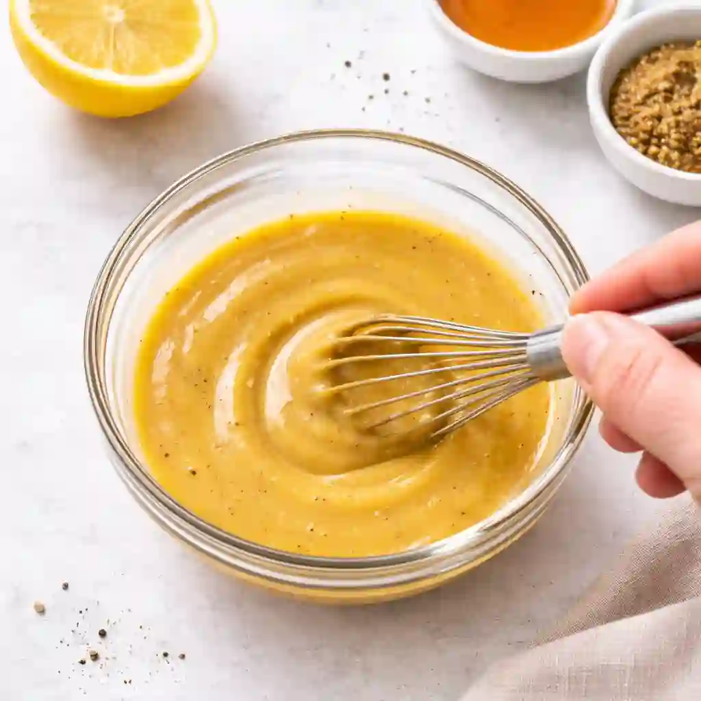 Honey mustard dressing being whisked in a small bowl on a white table background