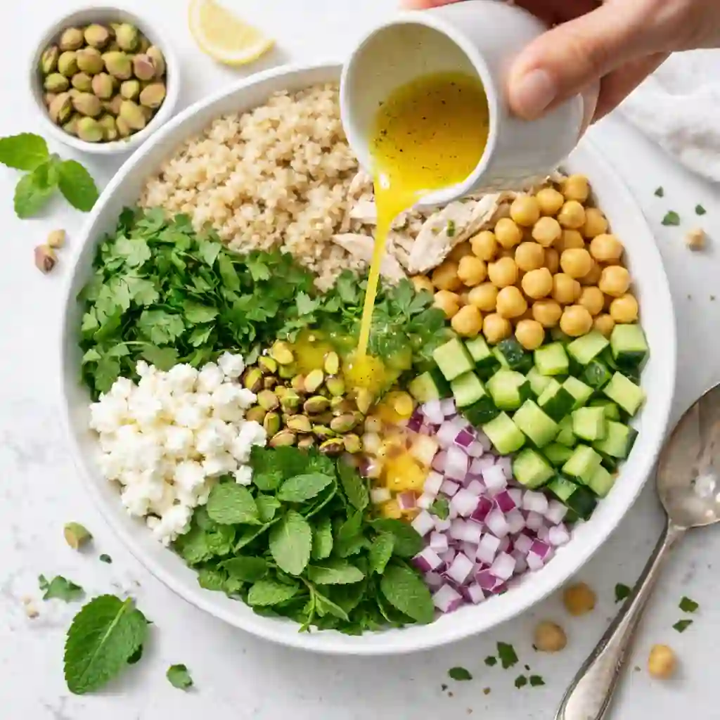 jennifer-aniston-salad-adding-dressing._compressed pouring lemon dressing over Jennifer Aniston quinoa salad