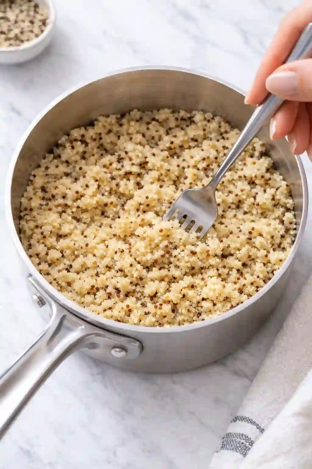 jennifer-aniston-salad-cooked-quinoa._compressed (1) fluffy cooked quinoa being prepared for Jennifer Aniston salad