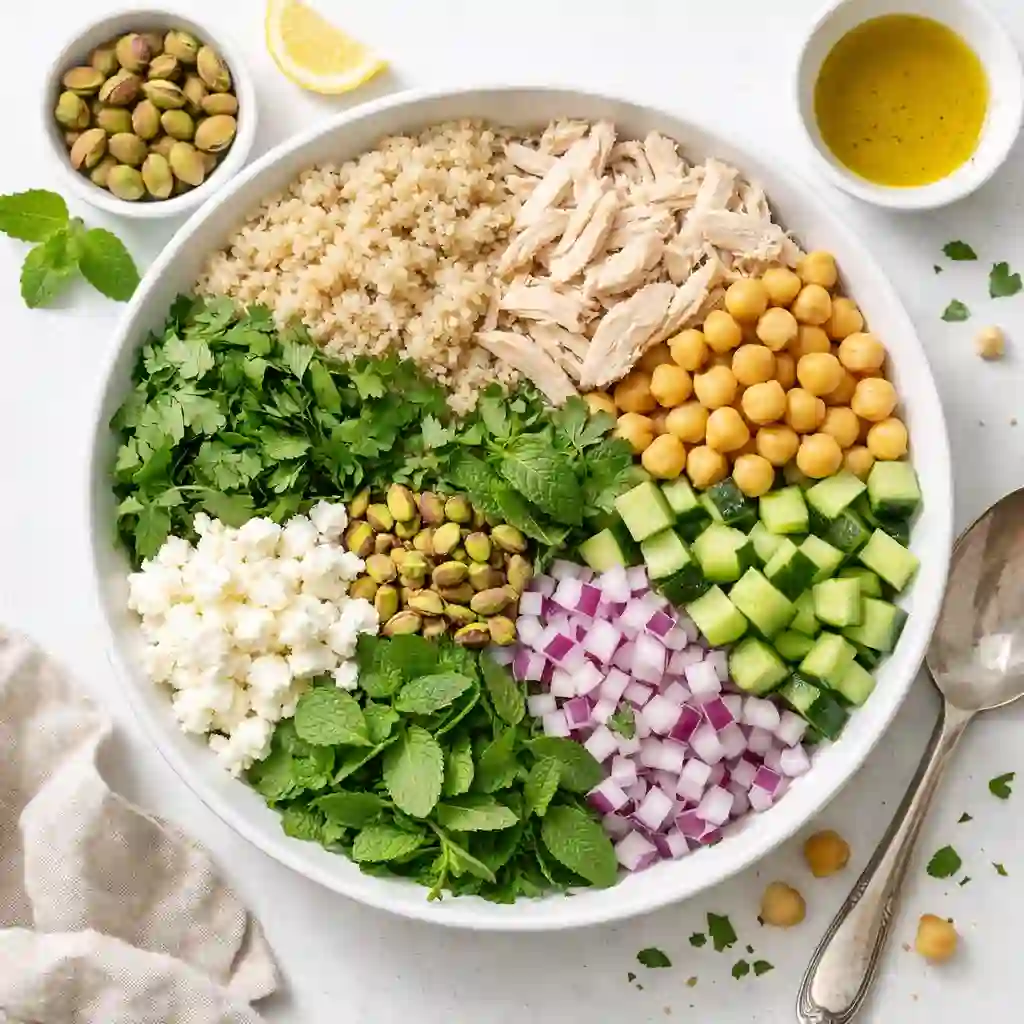 jennifer-aniston-salad-mixing-ingredients._compressed (1) mixing quinoa chicken chickpea ingredients for Jennifer Aniston salad