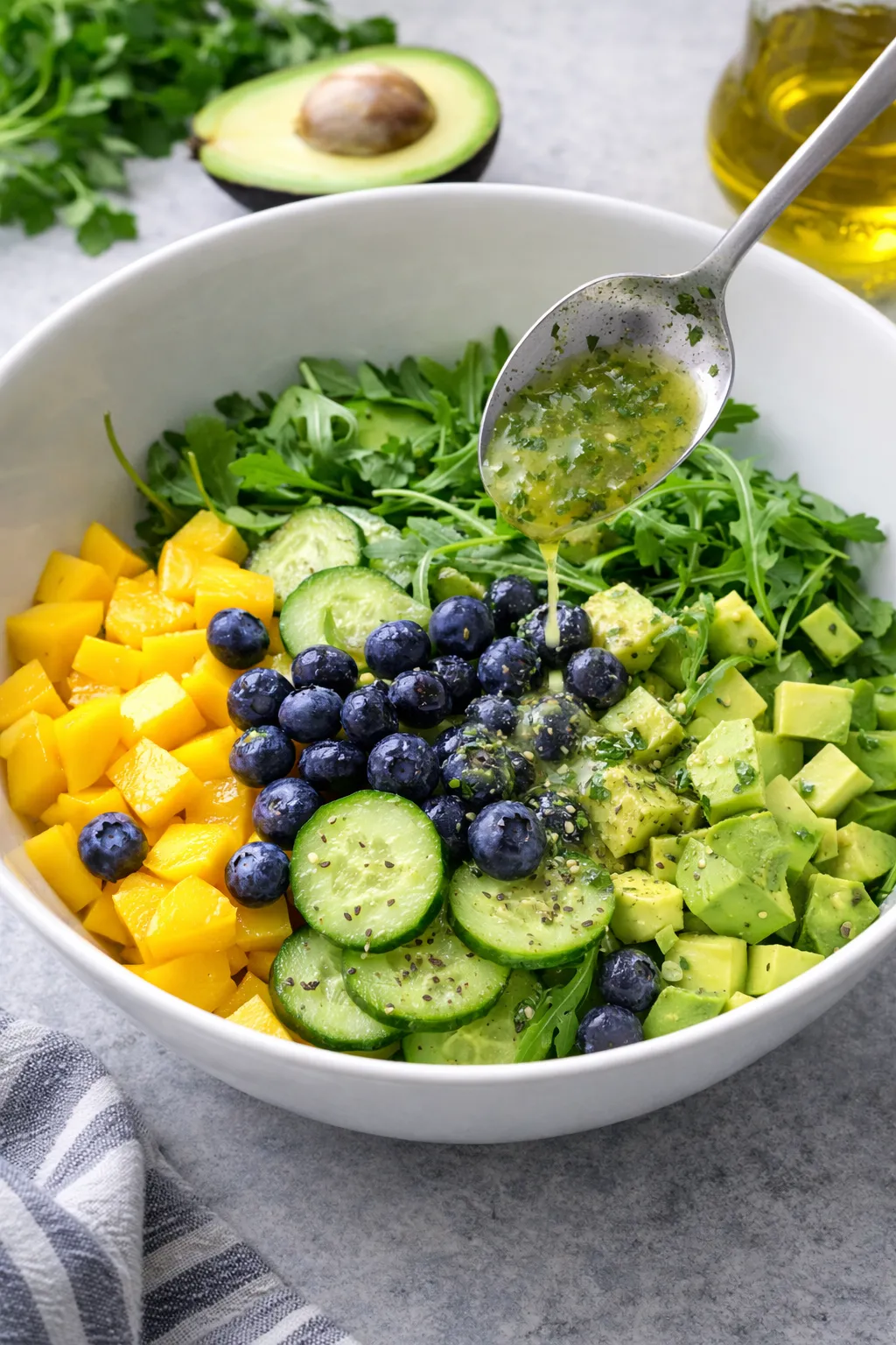 adding lime dressing to mango cucumber salad with avocado and blueberries in a white bowl