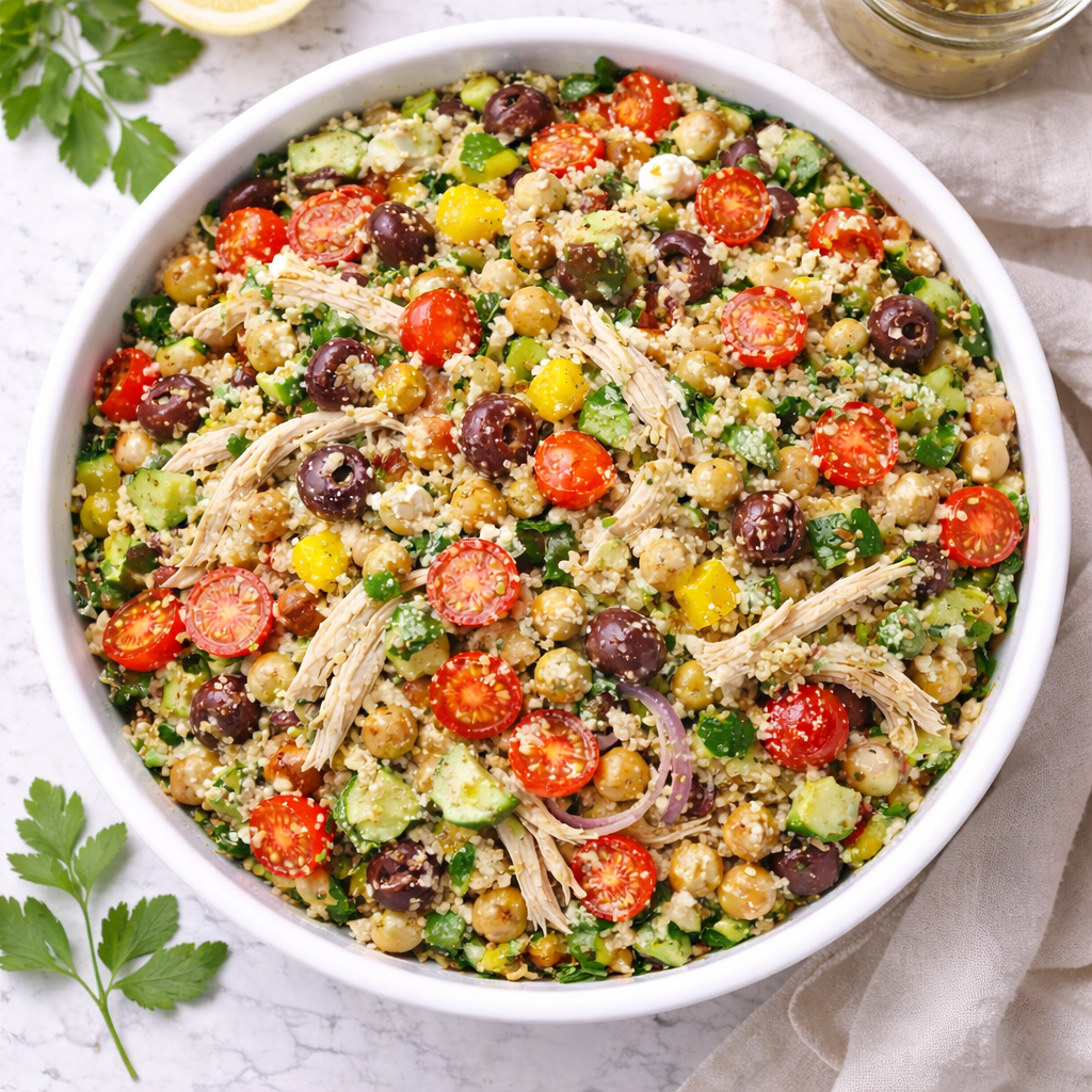 Overhead view of Mediterranean chicken salad with quinoa, chickpeas, tomatoes, olives, cucumber and feta in a white bowl