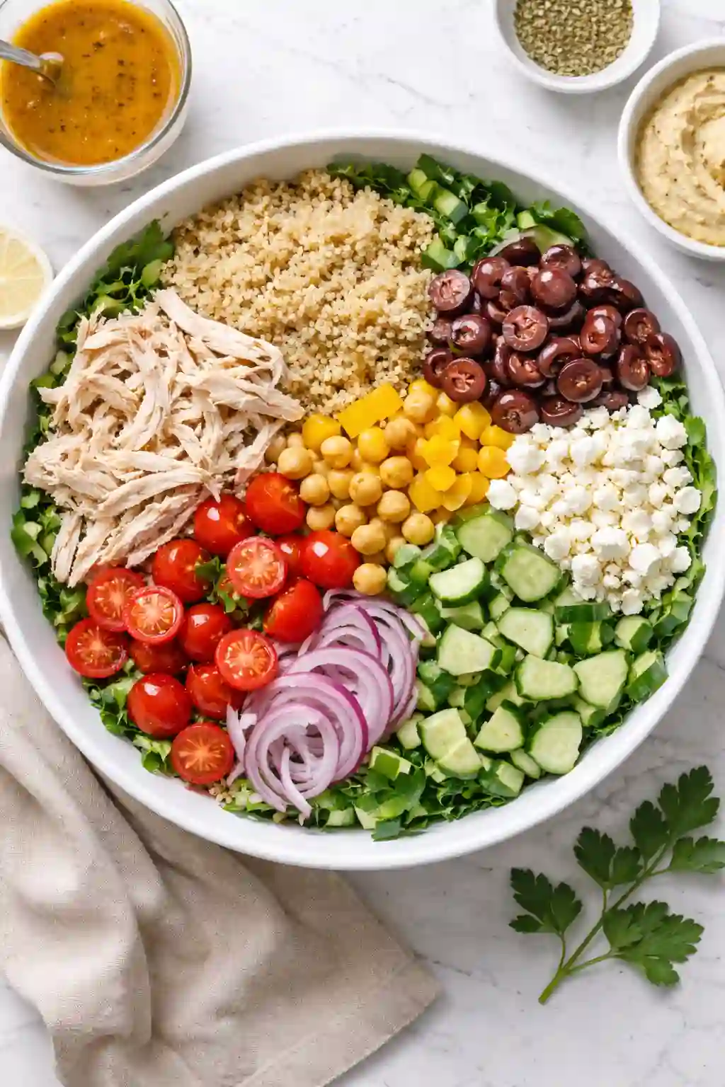 Combining ingredients for Mediterranean chicken salad in a large bowl