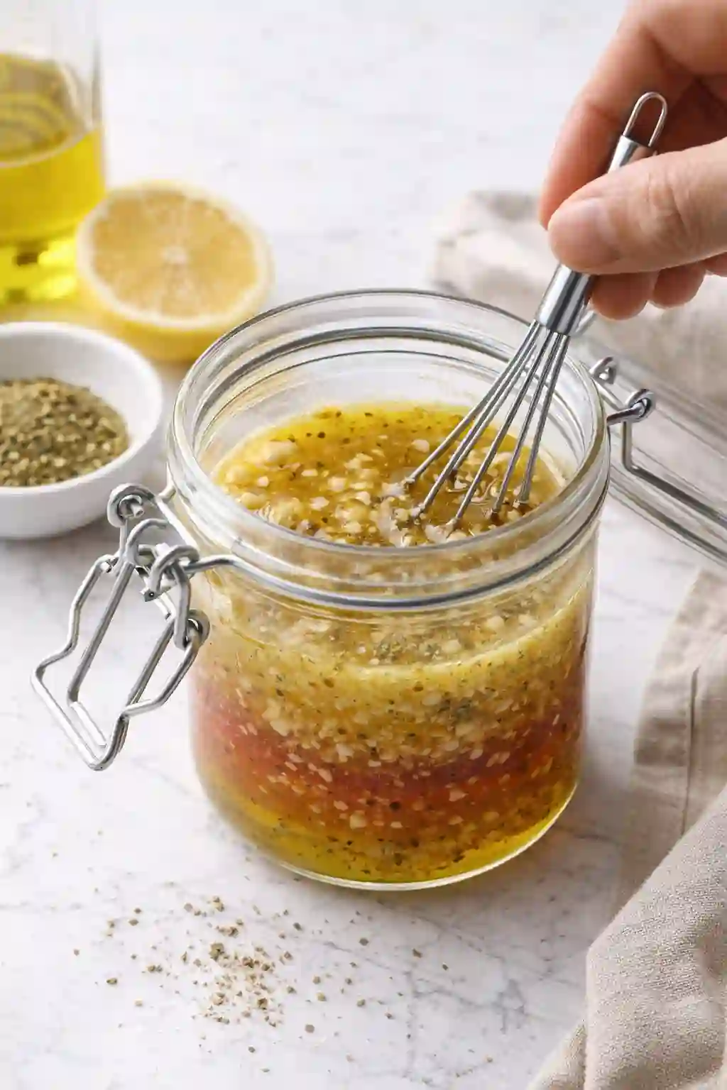 Whisking Mediterranean vinaigrette dressing in a glass jar