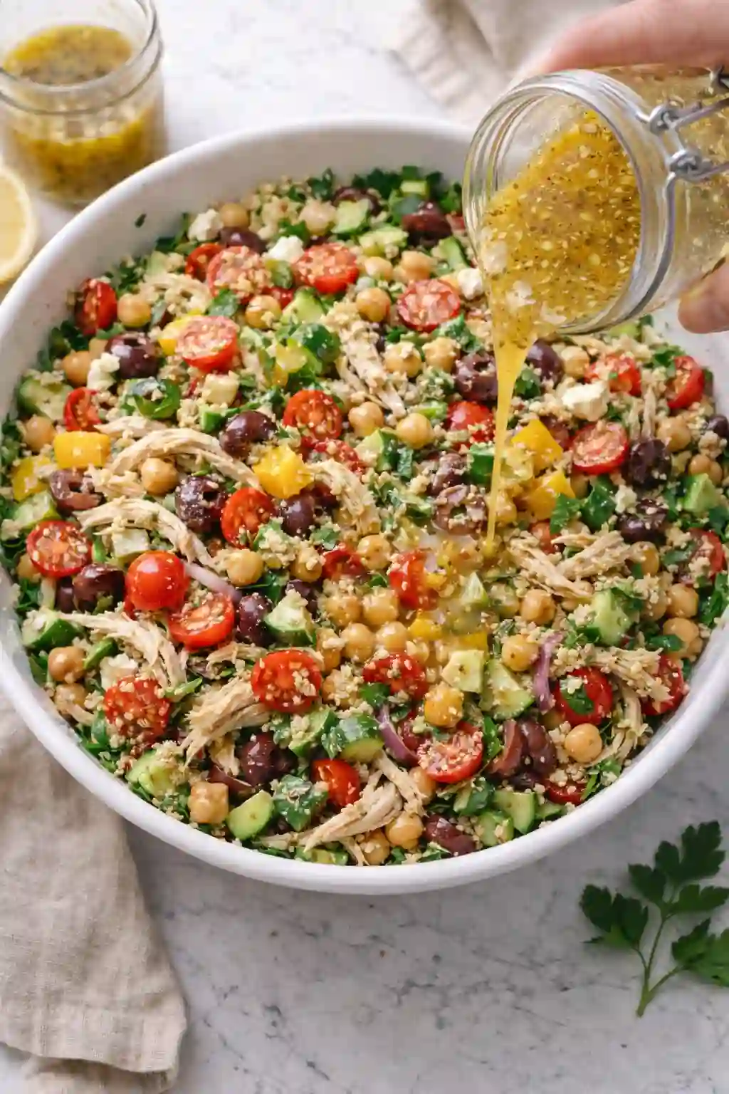 Tossing Mediterranean chicken salad with vinaigrette dressing