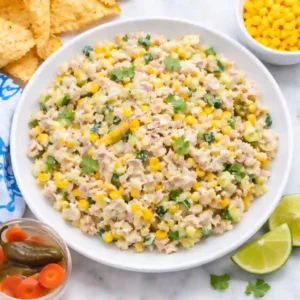 Mexican Tuna Salad Recipe With Mayonnaise: Ultimate Creamy 1 mexican tuna salad recipe with mayonnaise served on white plate with corn cucumber jalapeno and lime