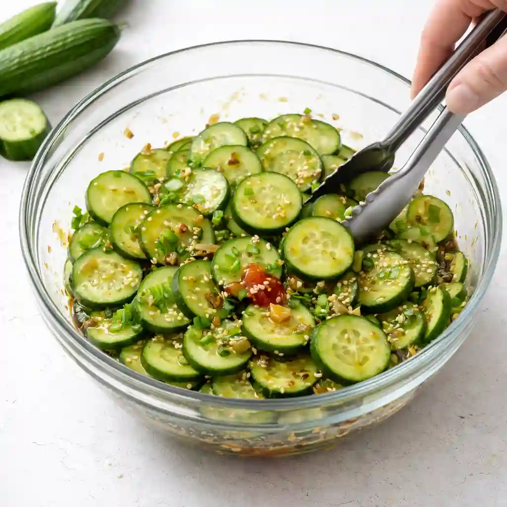 Mixing drained cucumbers with sesame, soy, ginger, and garlic dressing