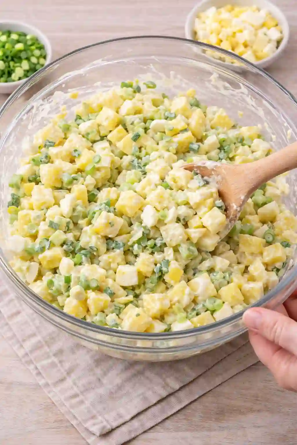mixing-potato-salad-with-egg._compressed Mixing potato salad with egg in a bowl with potatoes, eggs, green onions, and creamy dressing.