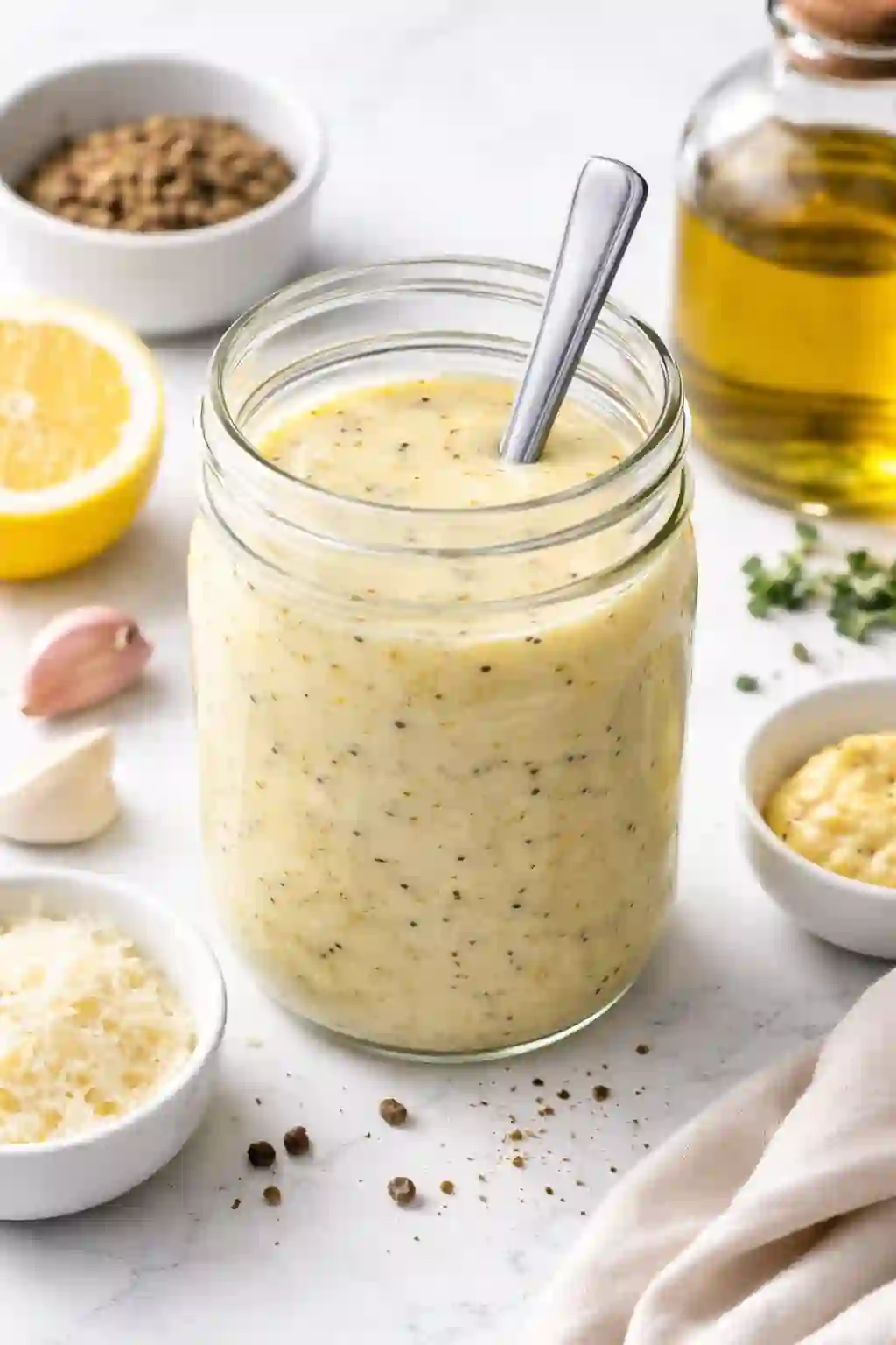 Homemade Olive Garden salad dressing being blended in a jar