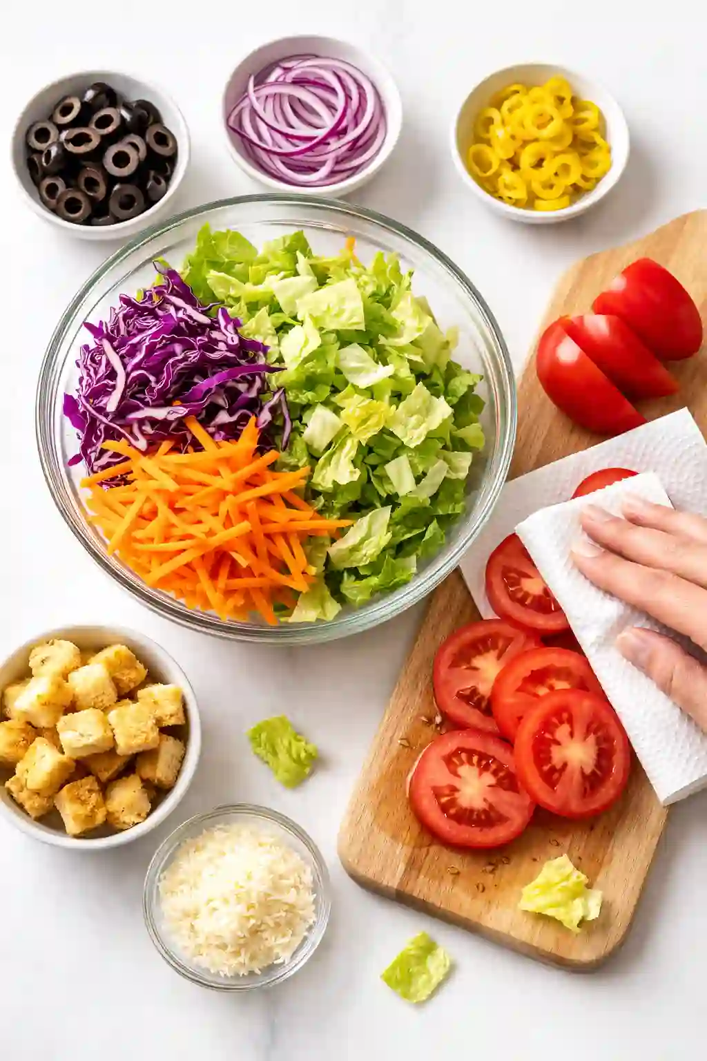 Prepared salad vegetables with tomatoes being dried using a paper towel