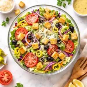 Overhead view of bright Olive Garden salad recipe in glass bowl with croutons and Parmesan