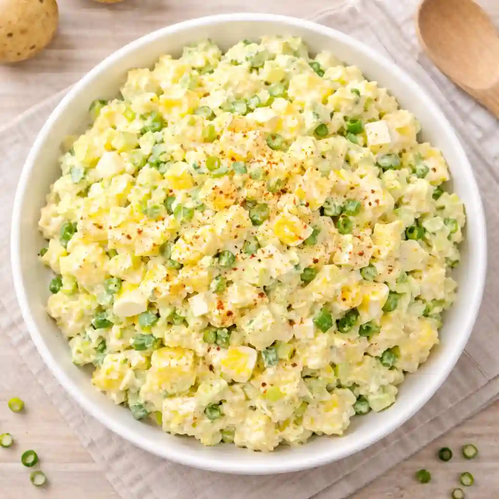 Overhead view of creamy potato salad with egg made with potatoes, hard boiled eggs, green onions, and mayonnaise dressing.