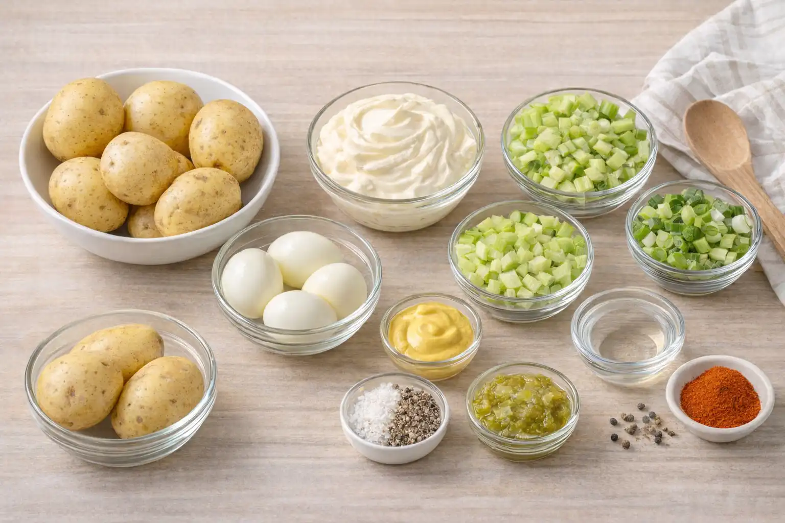 Ingredients for potato salad with egg including Yukon Gold potatoes, hard boiled eggs, mayonnaise, celery, green onions, mustard, vinegar, relish, salt, pepper, and paprika.