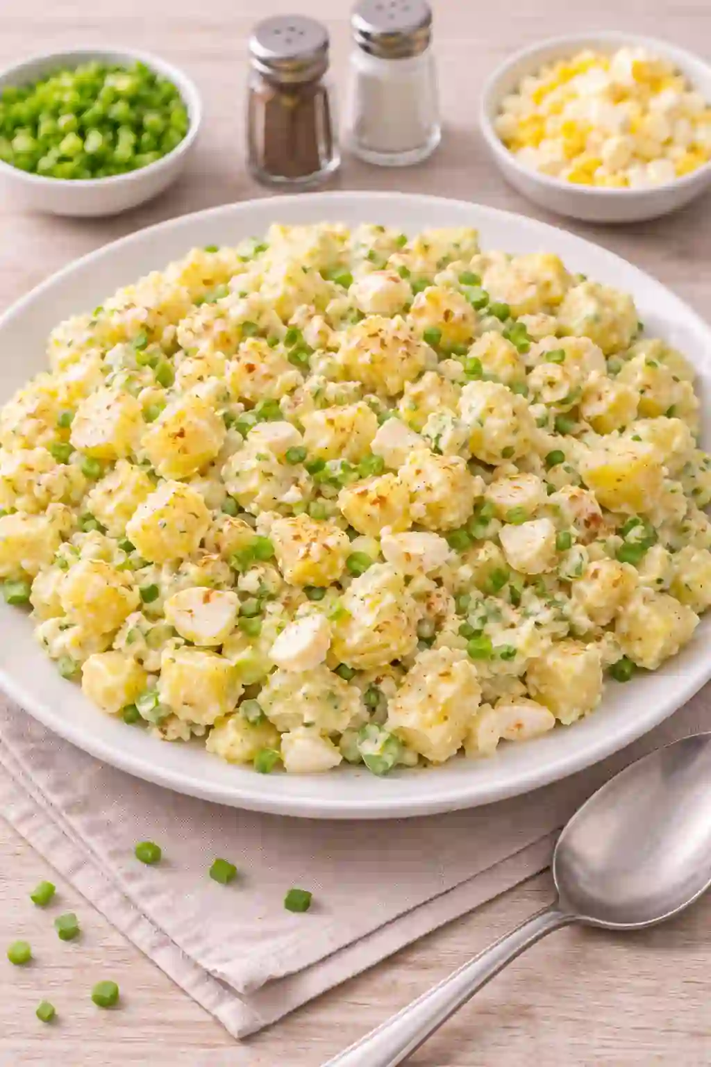 potato-salad-with-egg-plate-hero._compressed (1) Creamy potato salad with egg served on a white plate with green onions and paprika.