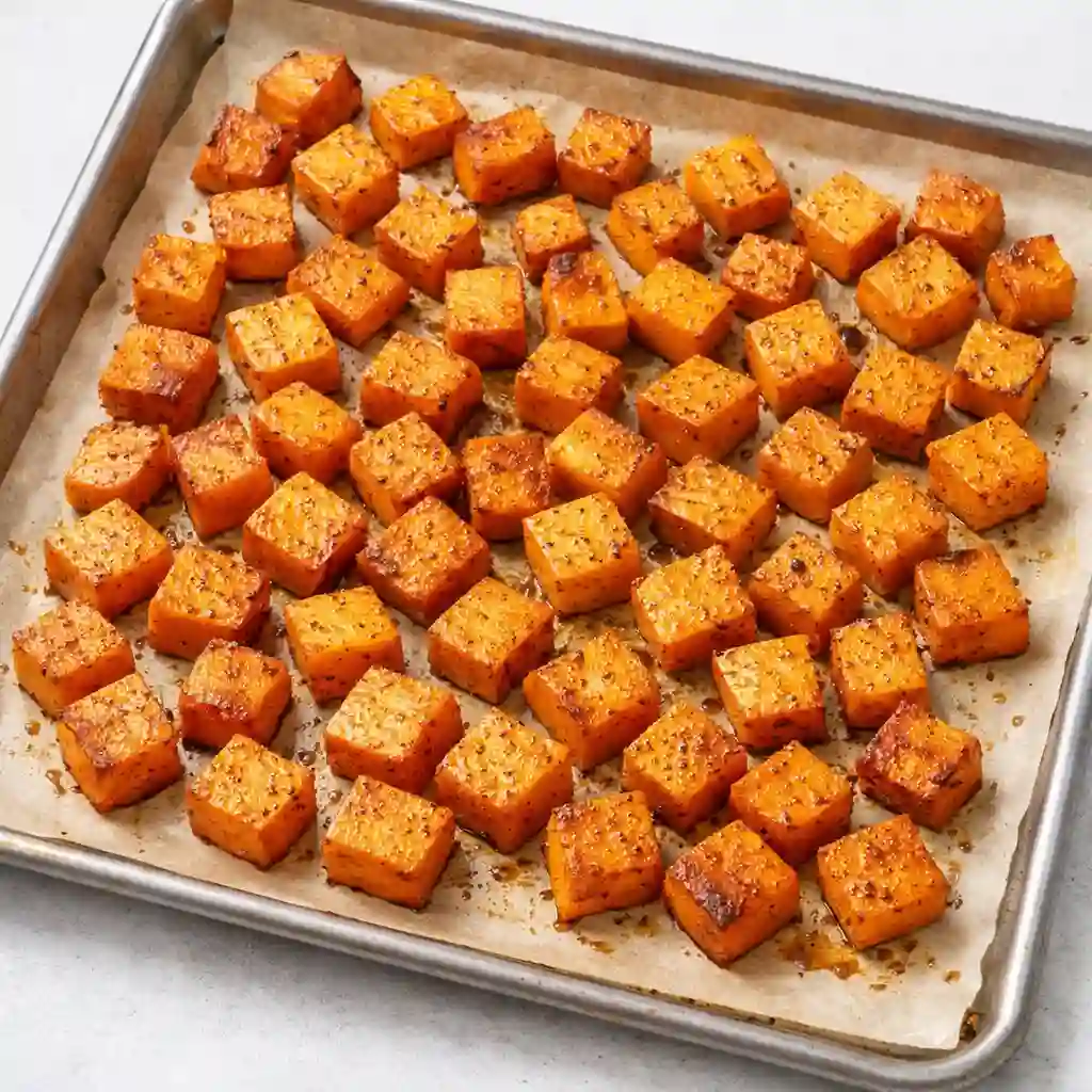 Cubed sweet potatoes roasting on a parchment-lined baking sheet at 450°F