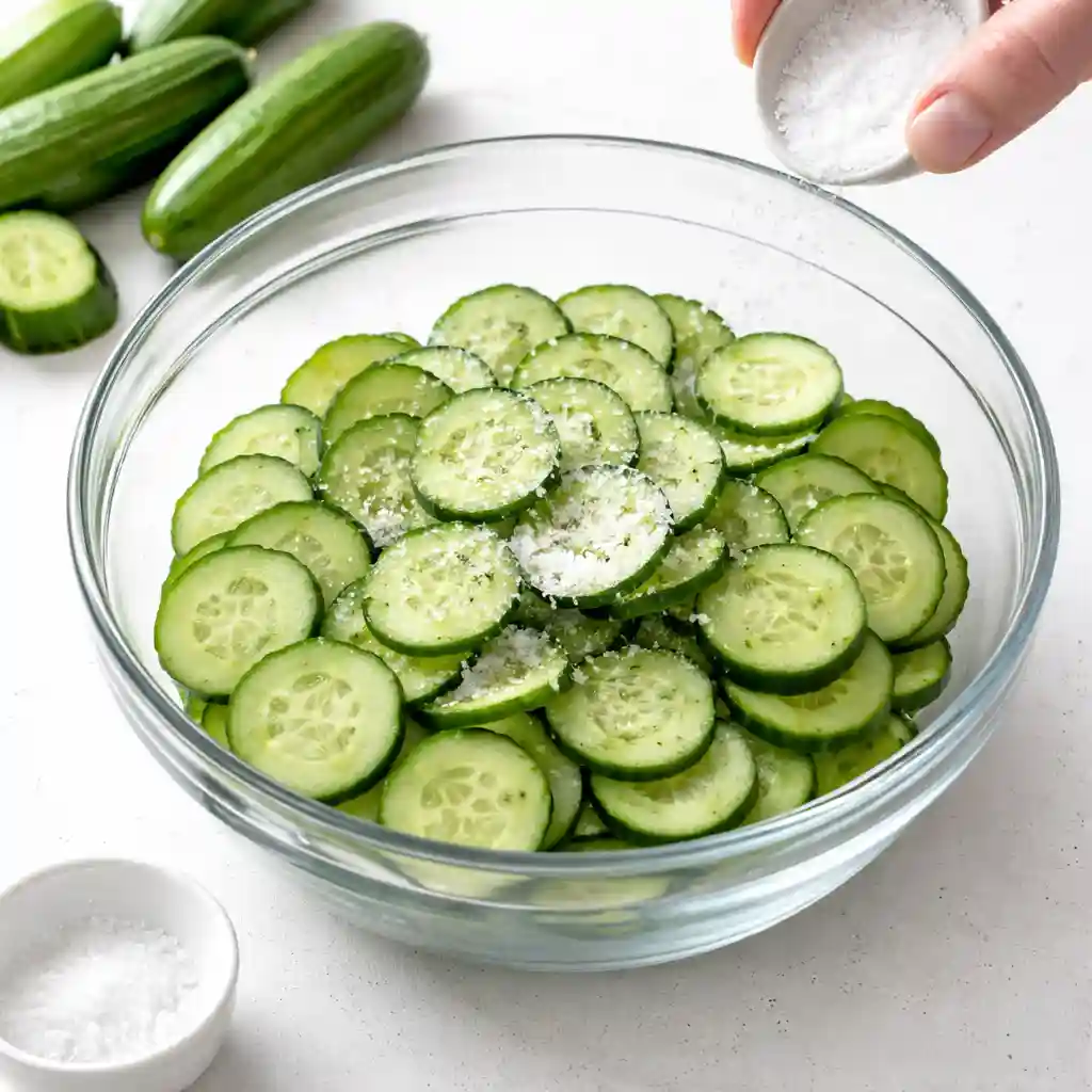 Thinly sliced cucumbers tossed with salt in a mixing bowl