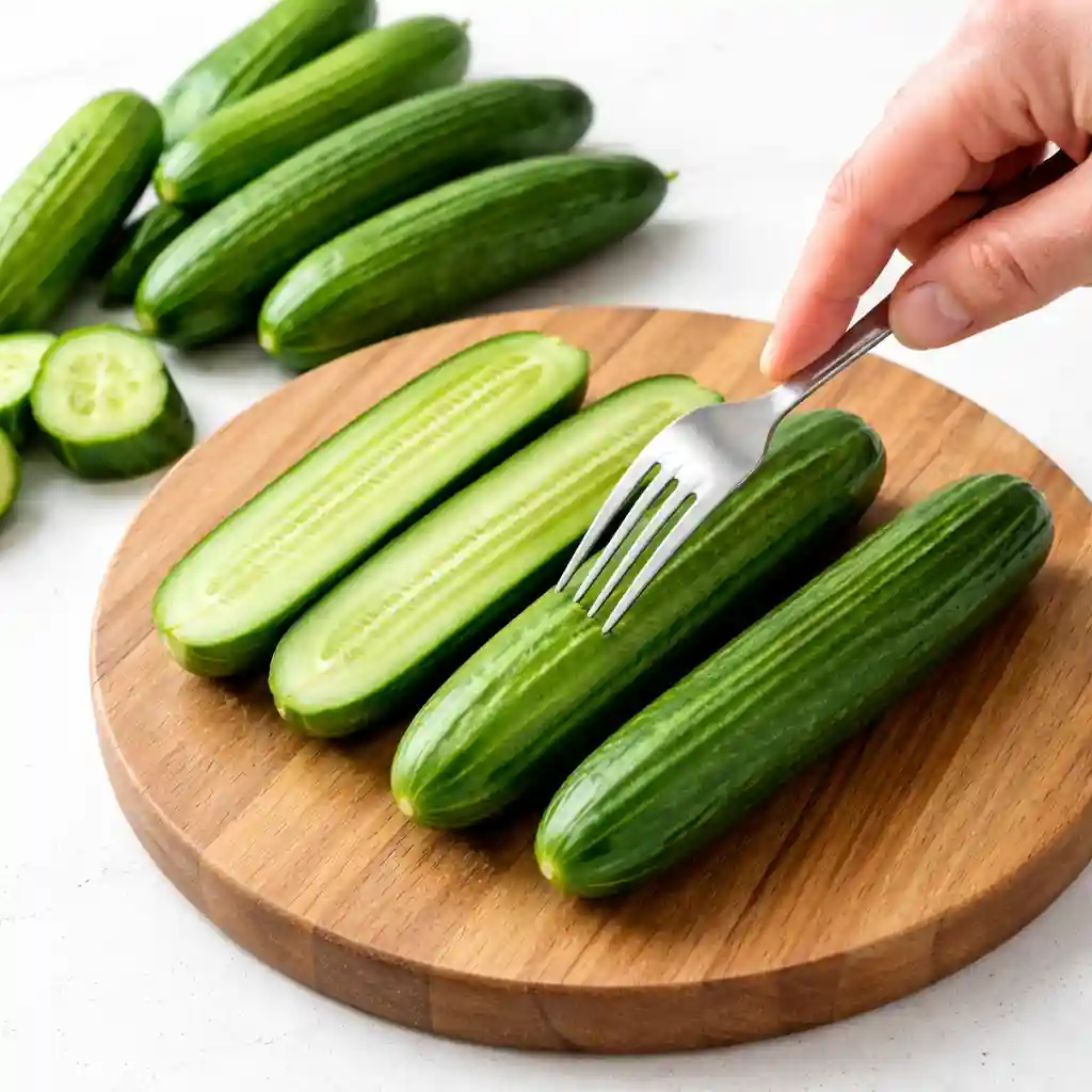 Scoring cucumbers with a fork to prepare Asian cucumber salad