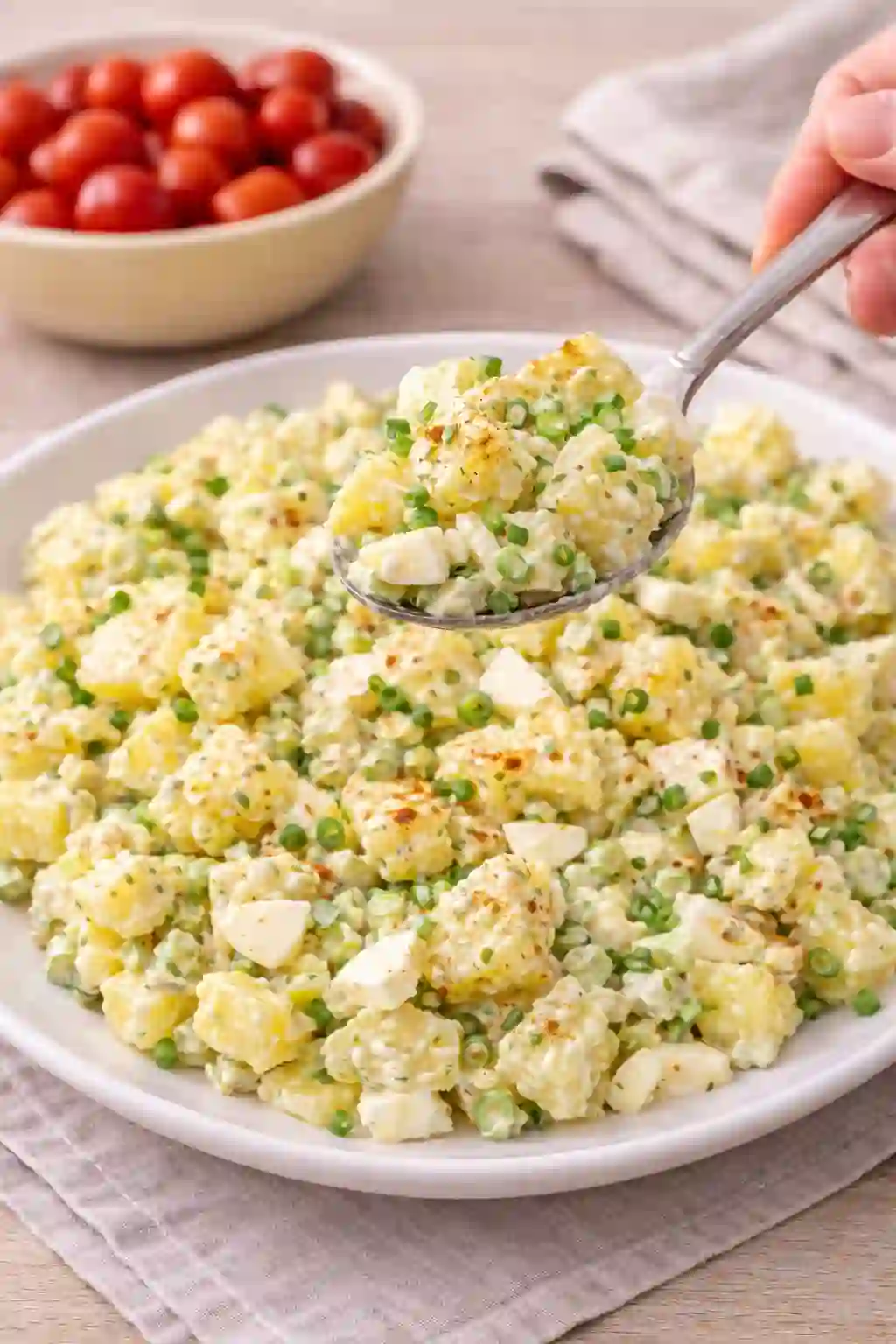 serving-potato-salad-with-egg._compressed (1) Serving potato salad with egg on a plate with a spoon showing creamy potatoes and eggs.