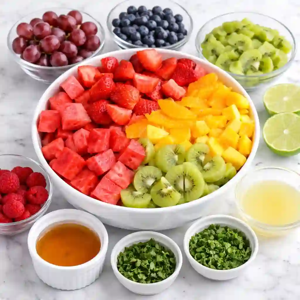 step-1-prep-fruit-salad._compressed (1) Step 1 preparing fruit salad with chopped fresh fruits in bowls on a bright surface