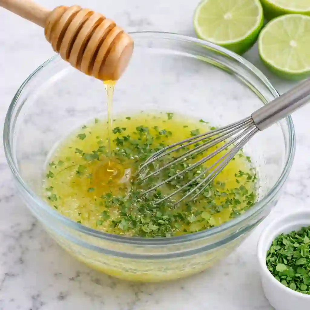 step-2-mix-fruit-salad-dressing._compressed Step 2 mixing honey lime dressing in a glass bowl with whisk