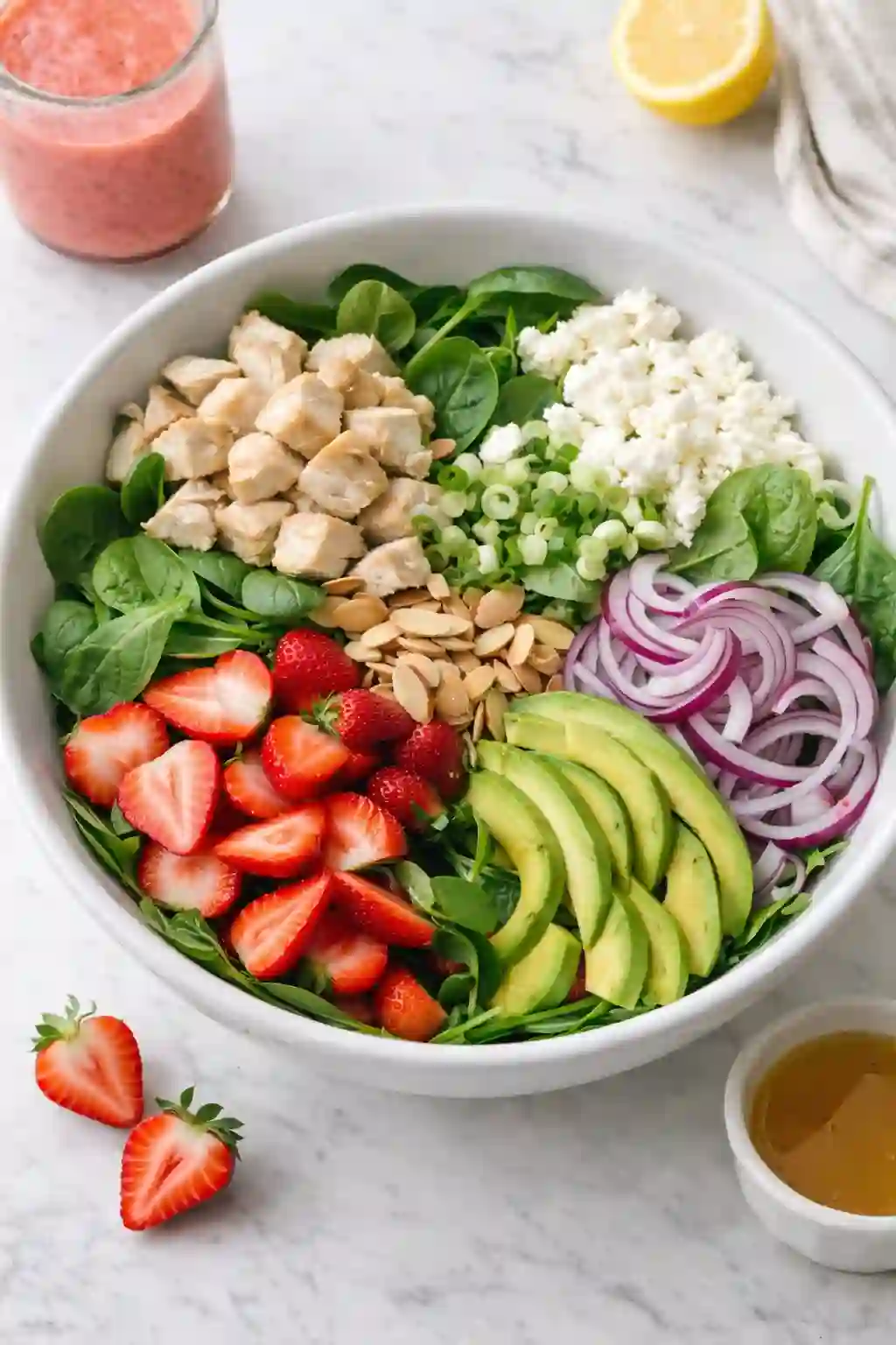 Assembling strawberry chicken spinach salad with spinach, chicken, strawberries, avocado, almonds, and goat cheese.