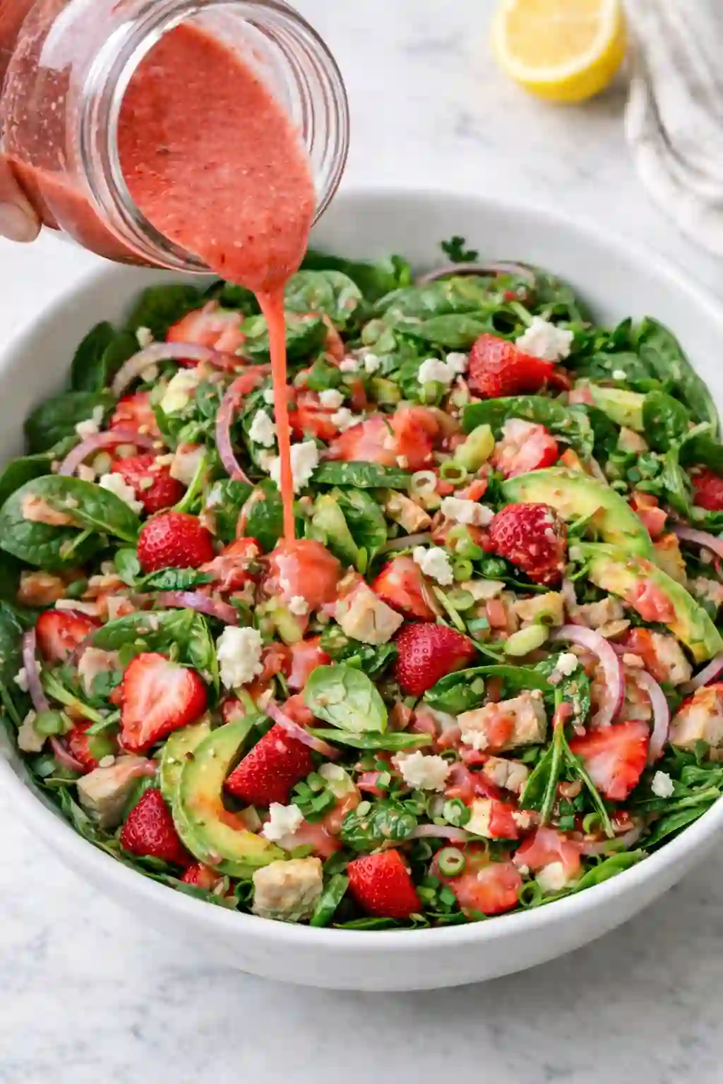 Drizzling strawberry vinaigrette over a fresh strawberry chicken spinach salad.