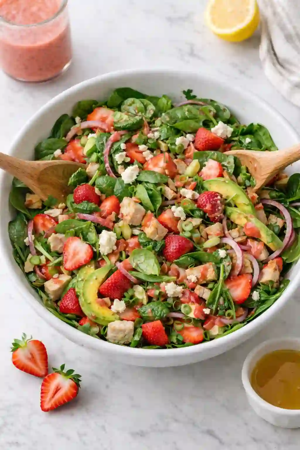 Tossing strawberry chicken spinach salad with homemade strawberry vinaigrette.