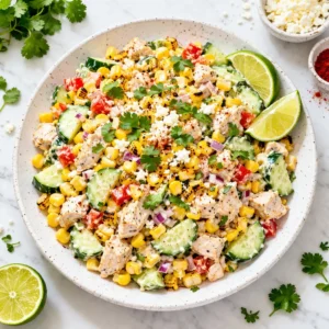 Street Corn Creamy Cucumber Chicken Salad (Easy 15-Min Meal) 1 Street corn creamy cucumber chicken salad on a modern plate with grilled corn, chicken, cucumber, cotija cheese, and lime