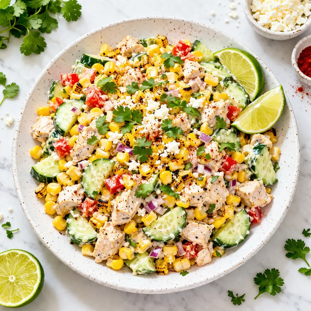 Street corn creamy cucumber chicken salad on a modern plate with grilled corn, chicken, cucumber, cotija cheese, and lime