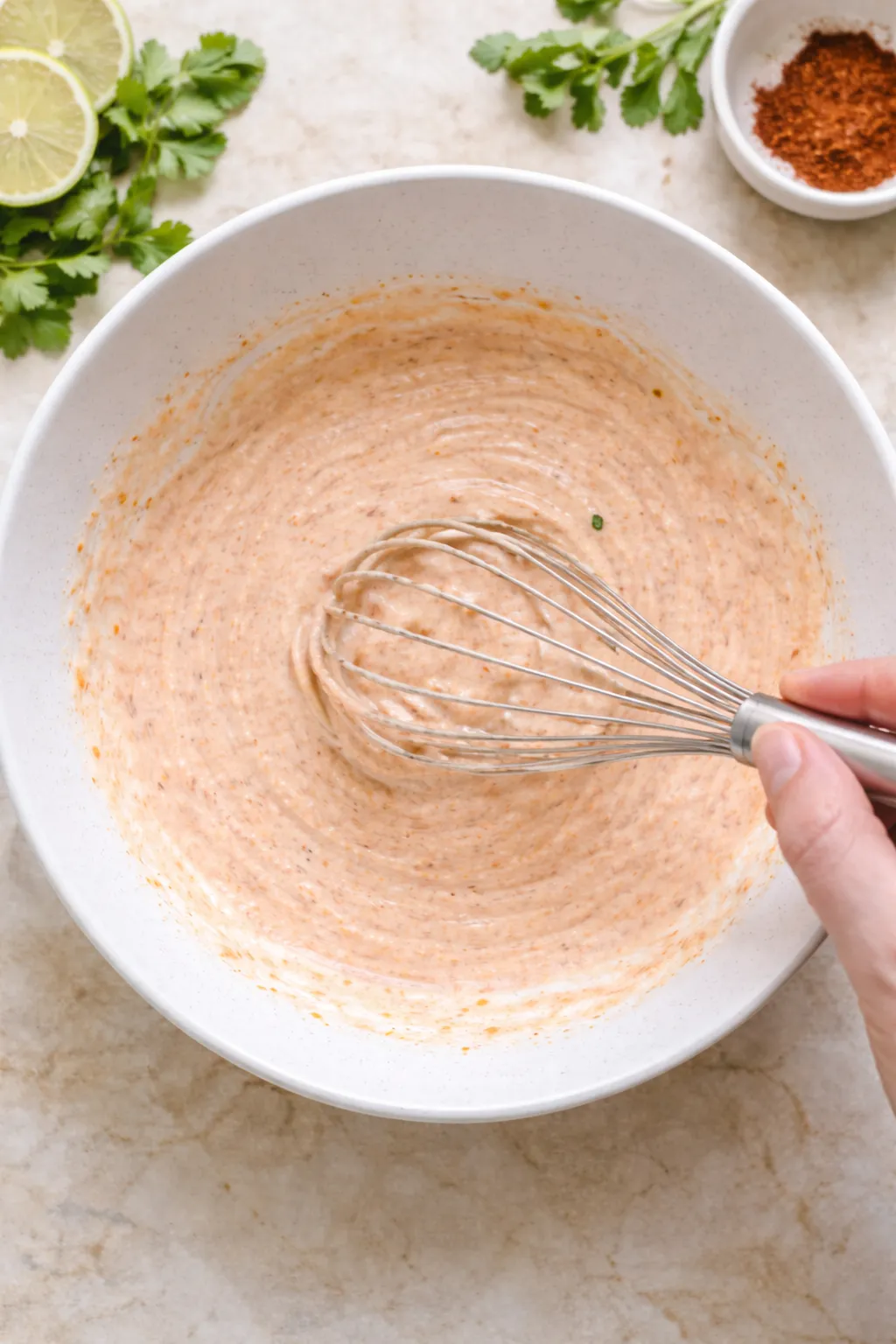 street-corn-creamy-cucumber-chicken-salad-step-1-no-text. (1) Whisking creamy lime dressing in a modern white bowl for street corn creamy cucumber chicken salad