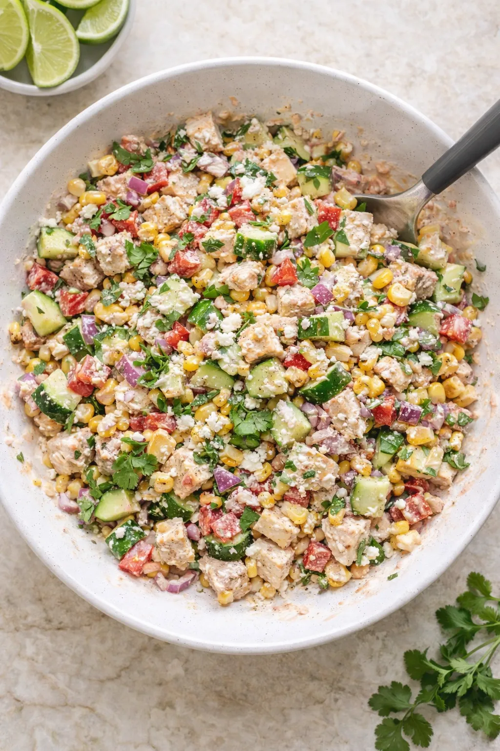street-corn-creamy-cucumber-chicken-salad-step-2. (1) Mixing chicken corn cucumber salad with creamy dressing in a modern bowl