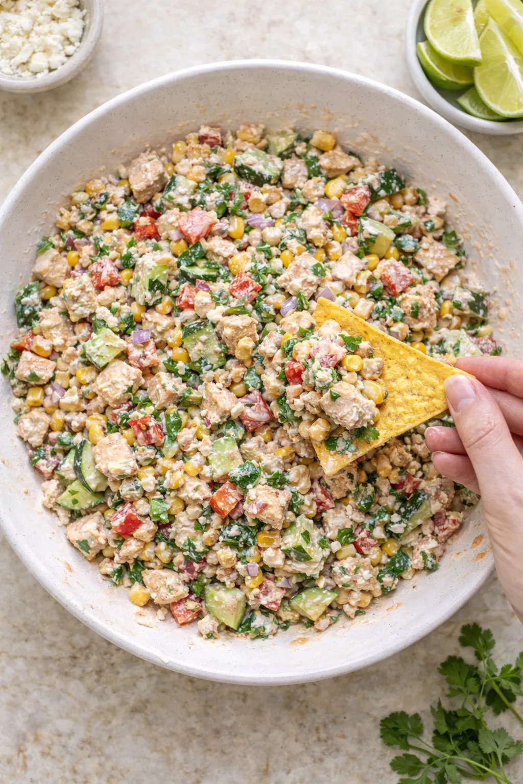 street-corn-creamy-cucumber-chicken-salad-step-4. Serving street corn creamy cucumber chicken salad with tortilla chips in a modern bowl