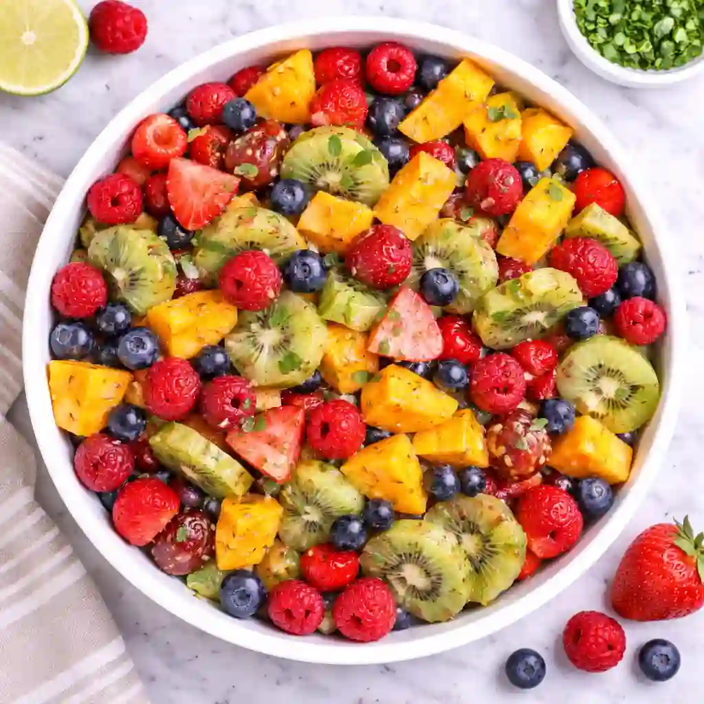 Overhead view of bright summer fruit salad in a white bowl with fresh colorful fruits