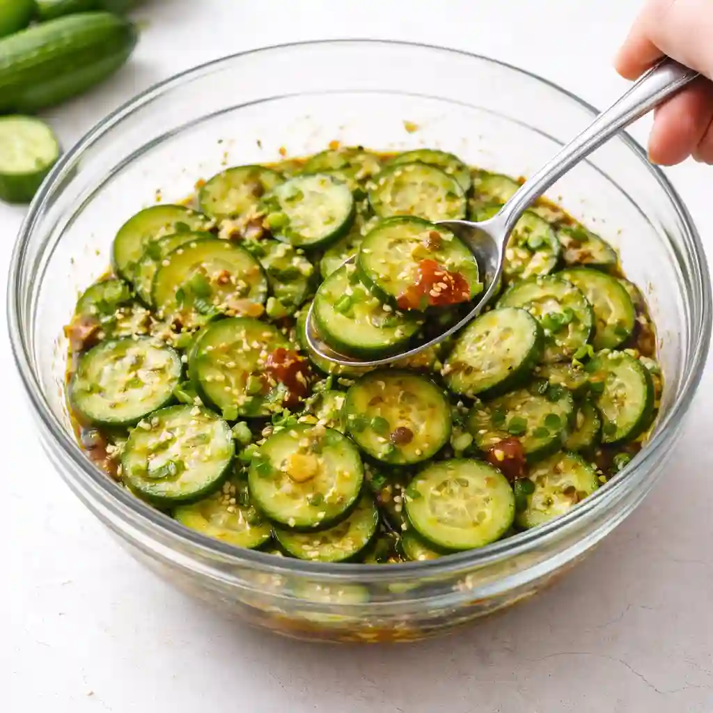 Tasting and adjusting seasoning in Asian cucumber salad