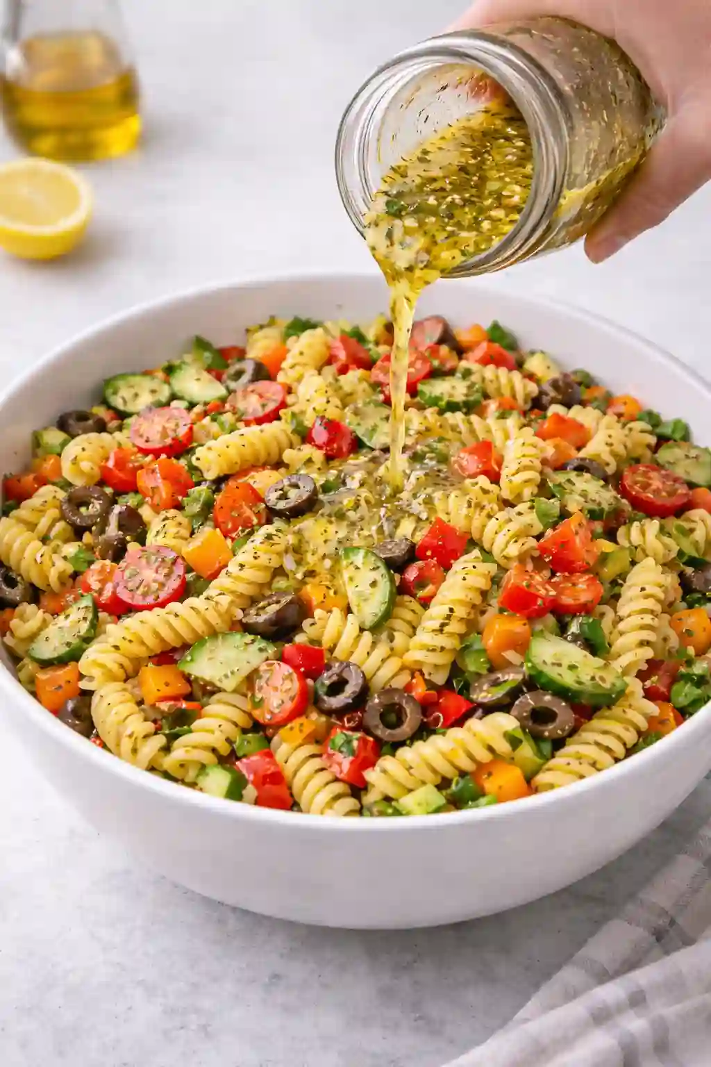 Italian dressing being poured over rotini pasta salad with cucumbers, cherry tomatoes, bell peppers, and olives.