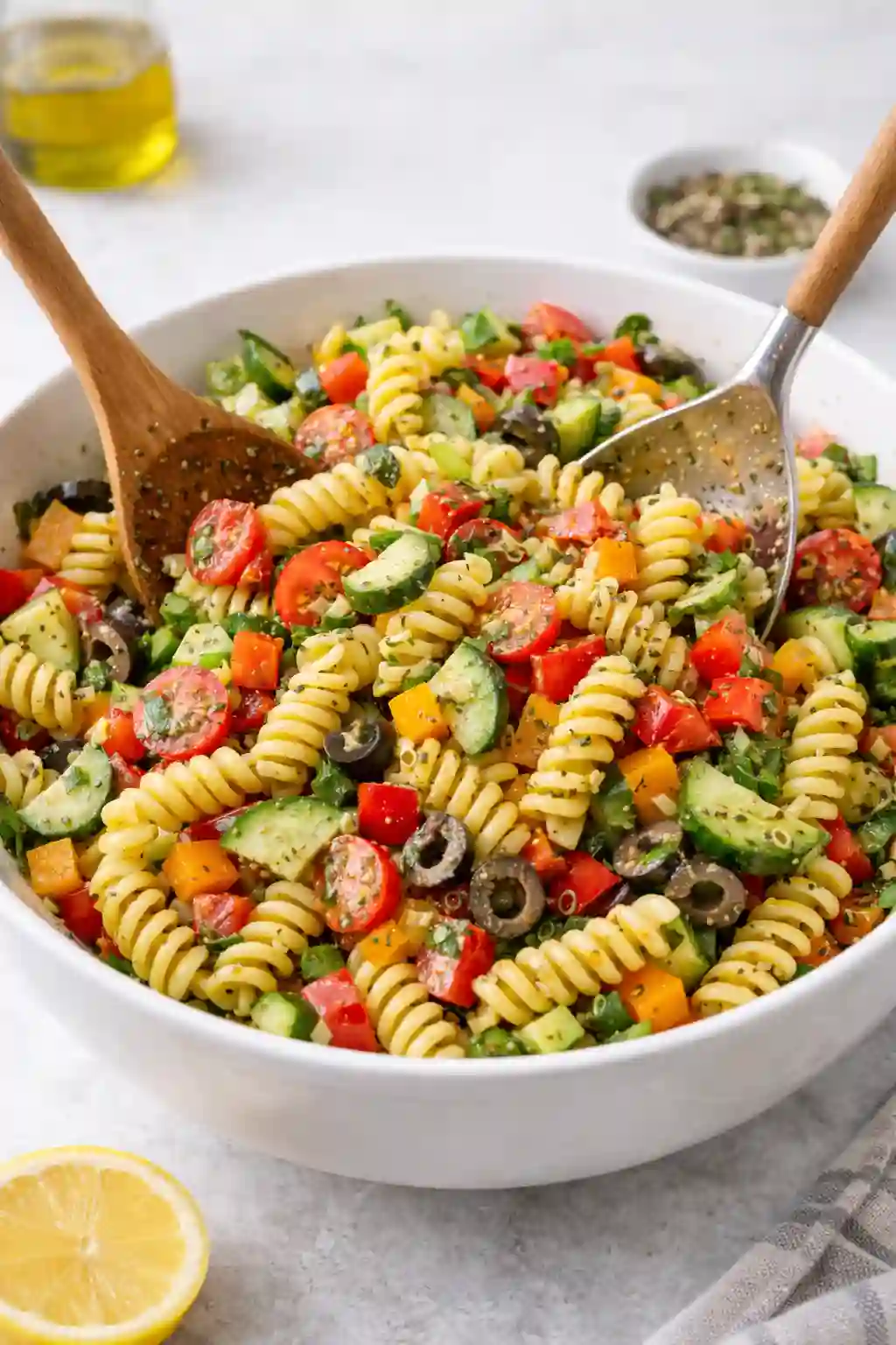 Tossing pasta salad with Italian dressing and vegetables